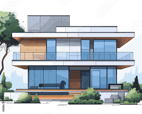 Large white house with a green tree in the background. The house has a lot of windows and a balcony