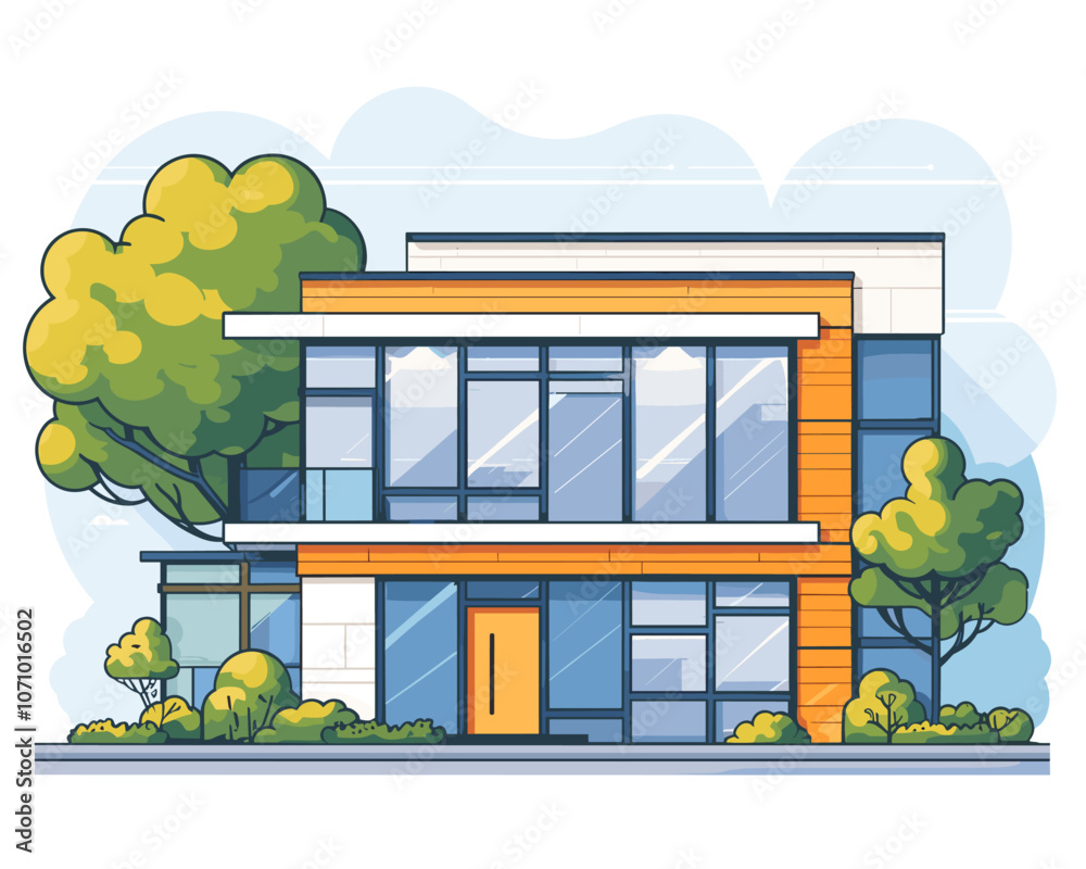 Large orange and white building with a green tree in front of it. The building has a lot of windows and a glass door Large orange and white building with a green tree in front of it. The building has a lot of windows and a glass door