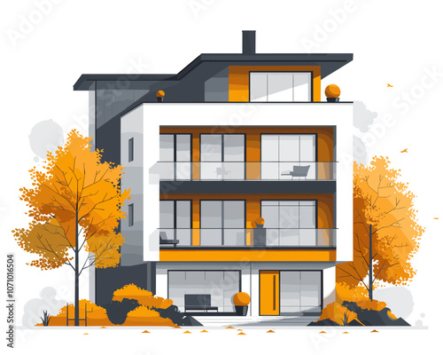 Large, modern apartment building with a lot of windows and a balcony. The building is surrounded by trees and has a lot of natural light coming in through the windows. The building has a very clean