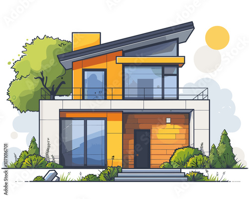 Large orange house with a black front door and a large window. The house is surrounded by trees and bushes