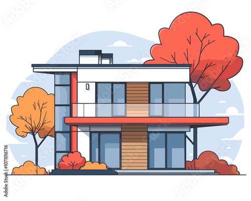 Large white house with a red trim and a red roof. The house is surrounded by trees and bushes