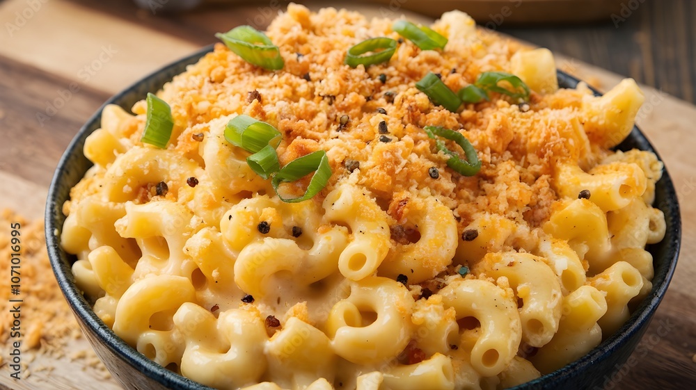 Large bowl of mac and cheese with creamy sauce, breadcrumbs, green onions, and peppercorns Large bowl of mac and cheese with creamy sauce, breadcrumbs, green onions, and peppercorns