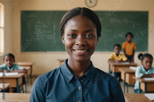 Close portrait of a smiling young Beninese female elegant primary school teacher standing and looking at the camera, indoors almost empty classroom blurred background