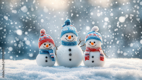 Three cheerful snowmen wearing colorful hats and scarves stand in a snowy landscape while snowflakes fall around them at wintertime