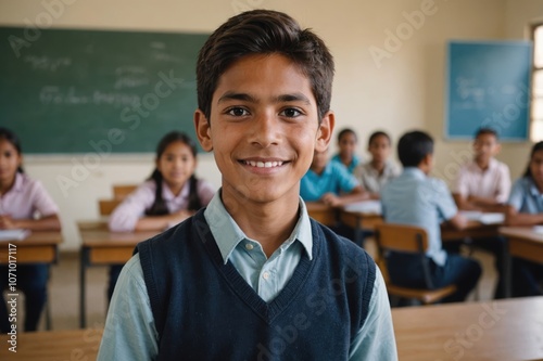 Close portrait of a smiling young Bolivian male elegant primary school student standing and looking at the camera, indoors almost empty classroom blurred background