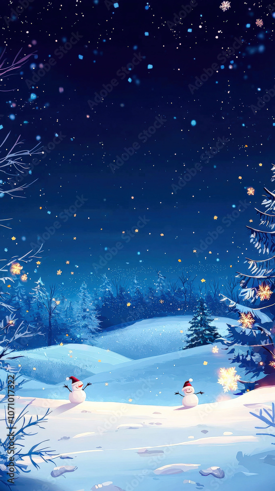 Whimsical animation with smiling snowmen, twinkling stars, festive trees, and a blue winter night sky, evoking a playful December vibe