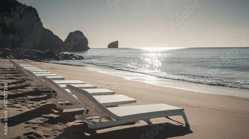 Serene beach with sunlit deck chairs overlooking calm ocean waves for travel agency advertising photo