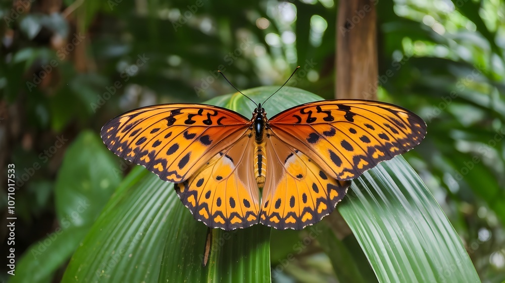 Obraz premium Bright orange and black patterned butterfly on a green leaf with lush forest background