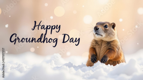 Cute groundhog standing in snow, text 