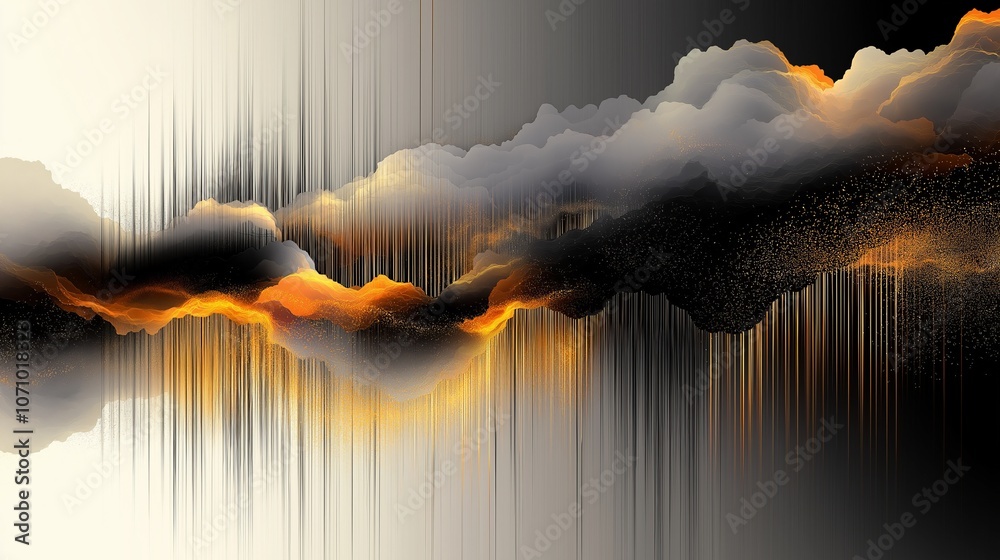 Obraz premium Stylized illustration of ominous white-black-gray-orange clouds in a gradient black-white sky, with fine curtains of gold-gray-black-orange rain descending