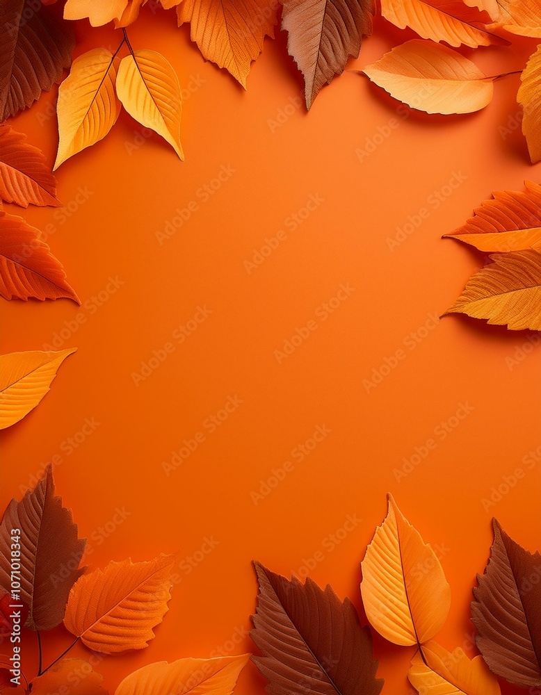 Autumn leaves frame an orange background Autumn leaves frame an orange background