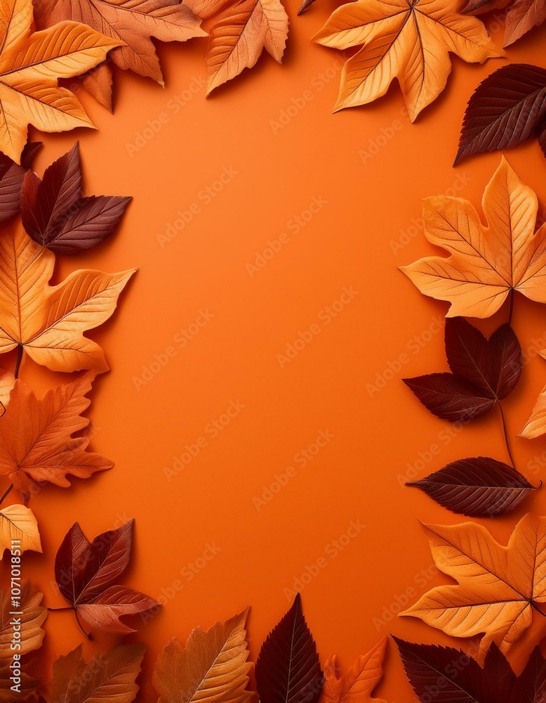 Autumn leaves frame an orange background Autumn leaves frame an orange background