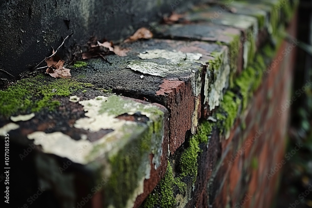Moss-Covered Brick Wall with Peeling Paint Moss-Covered Brick Wall with Peeling Paint