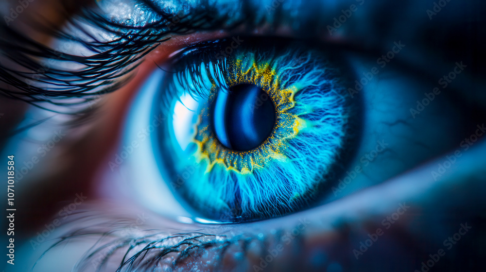 A close-up view of a human eye featuring vibrant blue and yellow patterns, showcasing intricate details and striking colors A close-up view of a human eye featuring vibrant blue and yellow patterns, showcasing intricate details and striking colors