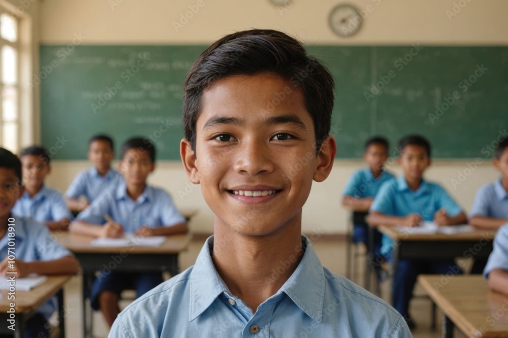 Close portrait of a smiling young Cambodian male elegant primary school student standing and looking at the camera, indoors almost empty classroom blurred background Close portrait of a smiling young Cambodian male elegant primary school student standing and looking at the camera, indoors almost empty classroom blurred background
