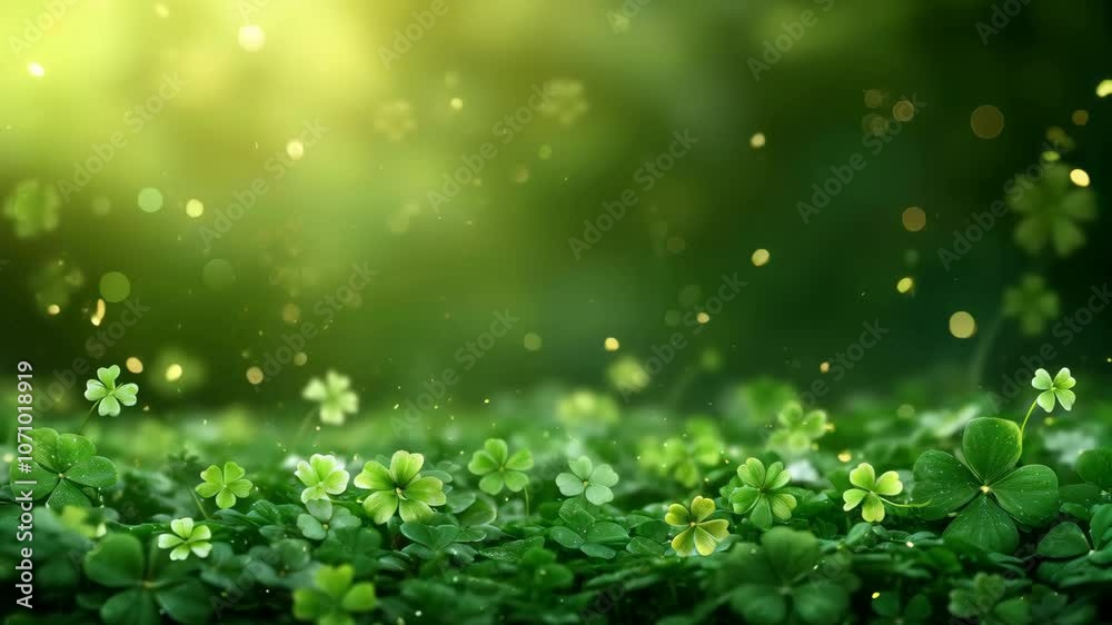 Spring field with clover leaves in sunny day after rain. St Patrick Day shamrock holiday symbol. Beautiful lawn or meadow. Farming and cattle pasture. Closeup Spring field with clover leaves in sunny day after rain. St Patrick Day shamrock holiday symbol. Beautiful lawn or meadow. Farming and cattle pasture. Closeup