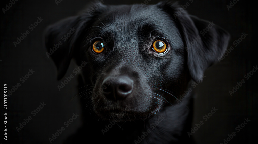 A close-up of a black dog with expressive amber eyes against a dark background, showcasing its gentle demeanor and attentive expression A close-up of a black dog with expressive amber eyes against a dark background, showcasing its gentle demeanor and attentive expression