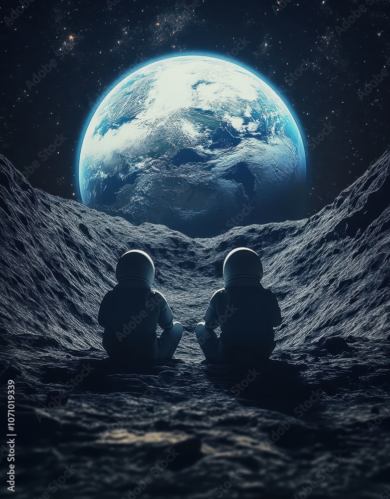 Obraz premium Two Astronauts Watching Earth 