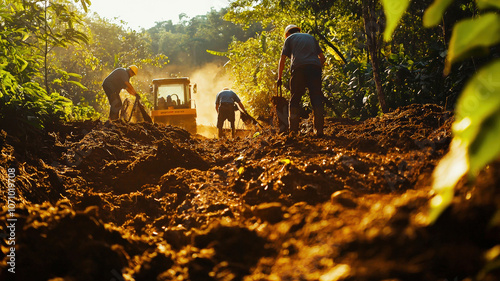 Workers engaging in outdoor tasks, such as construction or agriculture, surrounded by nature, highlighting teamwork, hard work, and connection to the environment