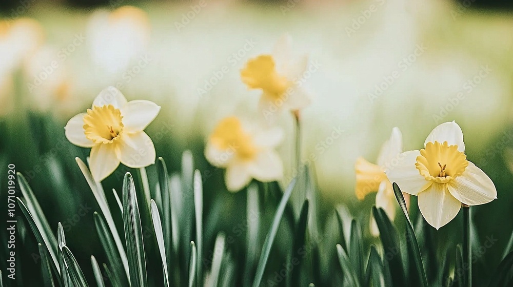Yellow-white Daffodils bloom in lush green fields under warm sunlight Yellow-white Daffodils bloom in lush green fields under warm sunlight