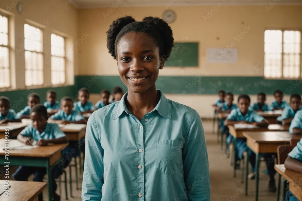Close portrait of a smiling young Chadian female elegant primary school teacher standing and looking at the camera, indoors almost empty classroom blurred background Close portrait of a smiling young Chadian female elegant primary school teacher standing and looking at the camera, indoors almost empty classroom blurred background