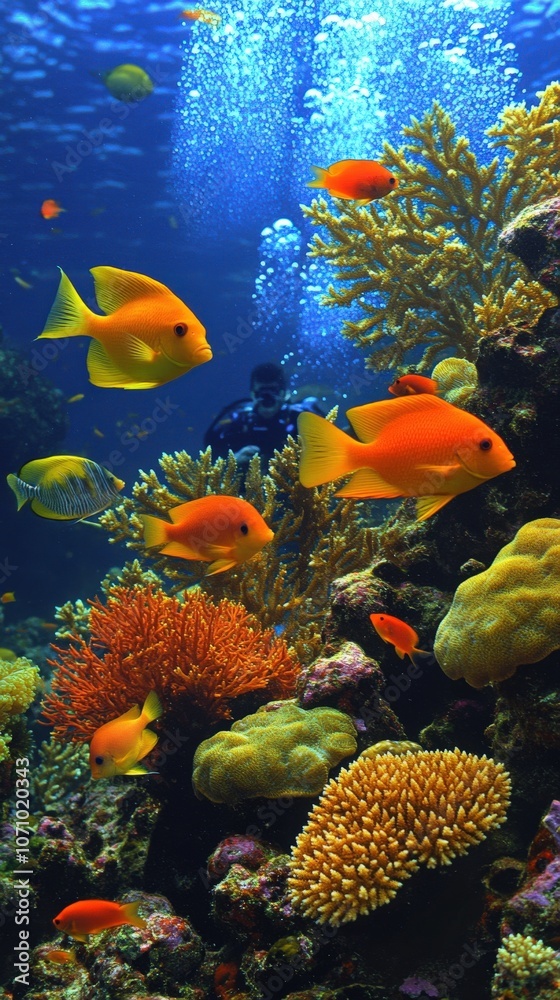 Naklejka premium Vibrant Underwater Coral Reef Scene with Tropical Fish, Scuba Diver, Orange Coral, Yellow Fish, Blue Ocean, Marine Life, Aquatic Adventure, Underwater Exploration