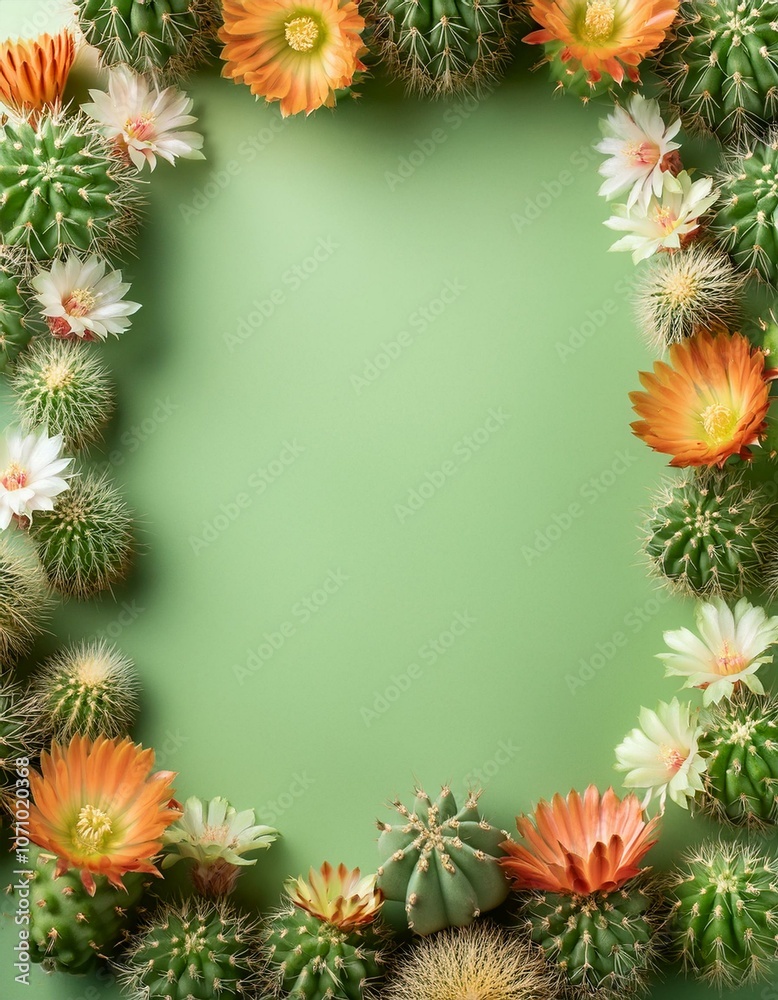 Cactus flowers frame green background