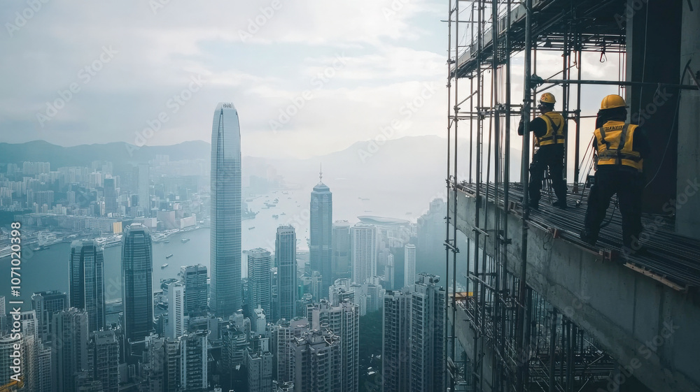 Fototapeta premium Workers on a skyscraper construction site, with a city skyline in the background, showcasing hard work, teamwork, and urban development.