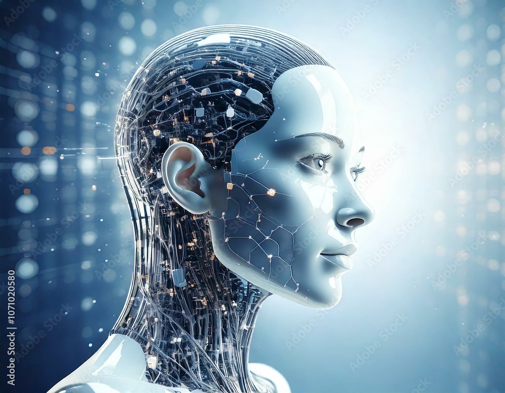 AI robot head with blue digital display and high-tech interface AI robot head with blue digital display and high-tech interface