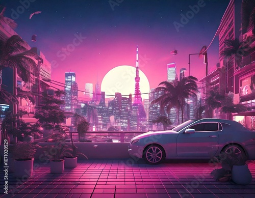 Car parked with view of neon-lit cityscape and palm trees at dusk, vaporwave, citypop illustration