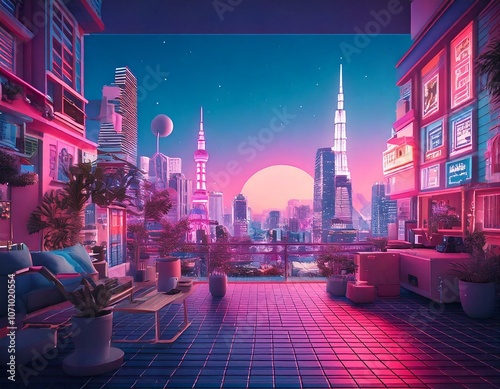 Urban balcony with plants and city view at twilight with pink sky, vaporwave, citypop illustration