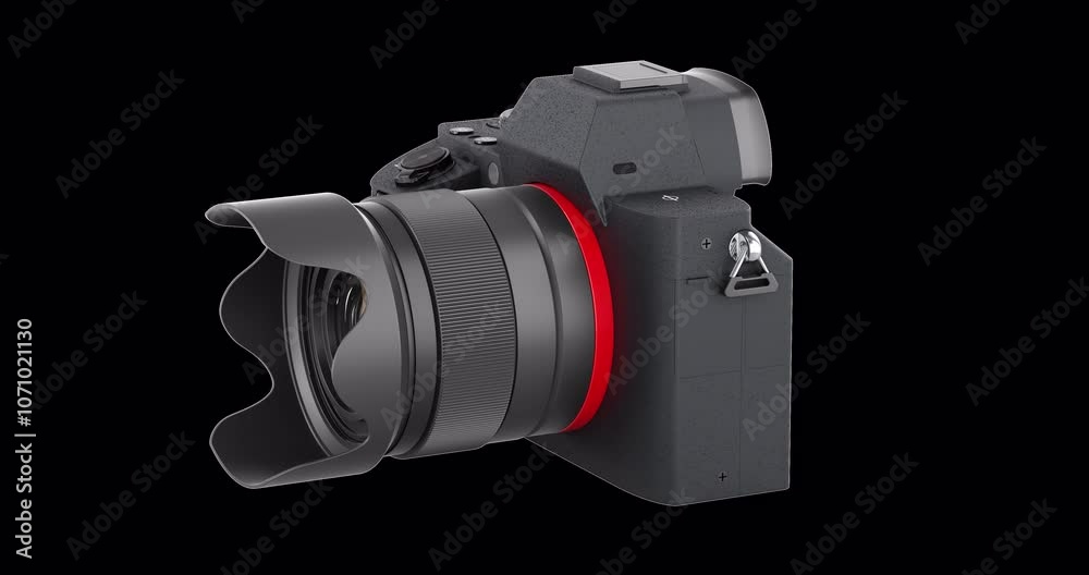 Digital camera. Mirrorless interchangeable-lens camera rotation animation, seamlessly loopable. 3D rendering isolated on transparent background