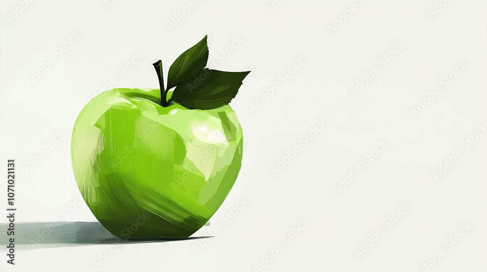   A painting of a green apple with a leaf on its stem and a green leaf on the tip of the end of the stem