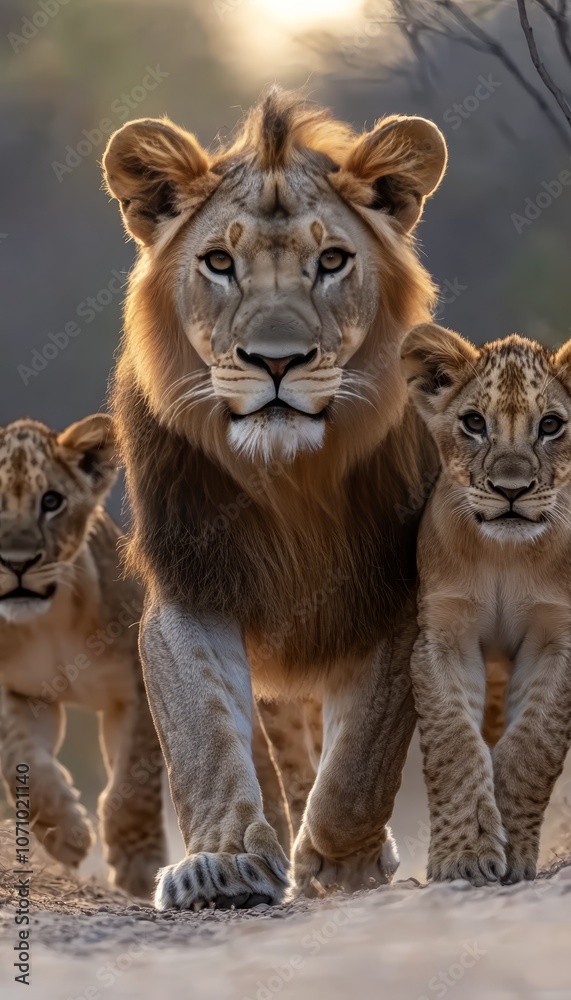 Fototapeta premium Powerful Lion Pride on the Move, Strong Mature Male Leading Two Young Cubs, African Wildlife