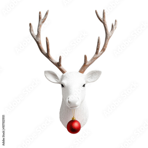 Decorative white reindeer head with red ornament for festive season isolated on transparent background photo