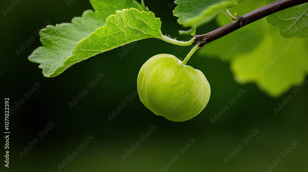 Obraz premium a green fruit hanging from a tree branch, surrounded by vibrant leaves and a soft, hazy background