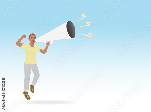 Magafone for alert, news, flash promotion, Black Friday, urgent news, vector illustration of a happy man speaking on megaphone, with space for text. See more on our profile