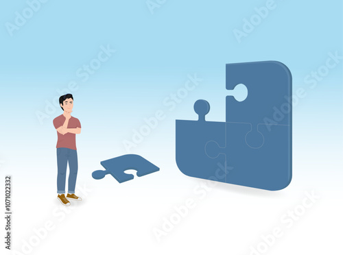 Activity without completion, puzzle missing the last piece, challenges, doubts about finishing the activity, illustration of a man thinking about how to solve fitting the last piece