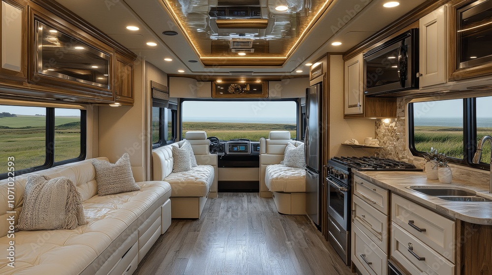 Fototapeta premium The interior of a luxurious recreational vehicle boasts a spacious lounge area with comfortable seating, a modern kitchen, and stunning countryside views through large windows.