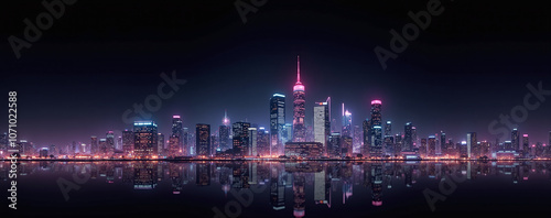 Wallpaper Mural Futuristic panoramic city skyline at night with neon lights and skyscrapers under a dark sky Torontodigital.ca