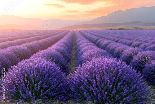 A breathtaking view of vibrant lavender fields at sunset, featuring rows of blooming purple plants against a scenic mountain backdrop.