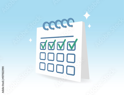 Completed calendar, work in progress, activities completed on time, days accounted for, daily appointments, activity control, vector illustration of a complete calendar, with space for text.