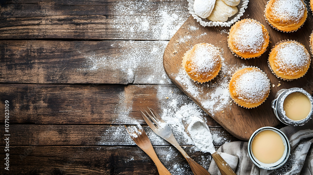 A rustic wooden table with freshly baked muffins dusted with powdered sugar, a fork, spoon, and two small jars of milk. A rustic wooden table with freshly baked muffins dusted with powdered sugar, a fork, spoon, and two small jars of milk.