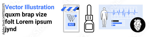 Medical heartbeat monitor, online shopping cart, nasal spray, human figure, heart icon. Ideal for healthcare, e-commerce, medical technology, online pharmacies, digital health tools, wellness
