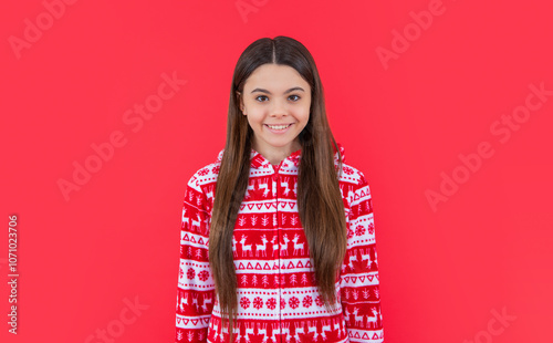 merry christmas. cheerful teen girl in red christmas clothes in studio. teen christmas girl