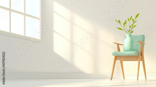  A green chair sits in a white room, accompanied by a lush green plant perched atop a vase positioned against its back