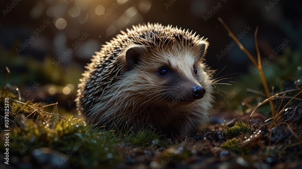 Fototapeta premium a cute hedgehog standing on a wet forest floor. The hedgehog's spiky fur, curious expression, and beady eyes make it an adorable subject.