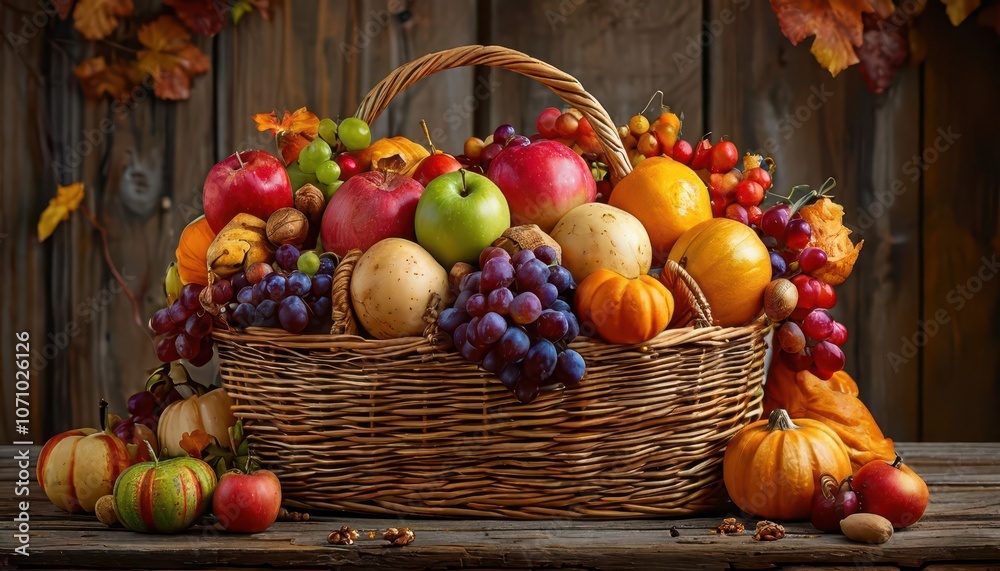 Large basket of fall fruits and vegetables - apples, pumpkins, grapes and nuts in a wicker basket. Thanksgiving 