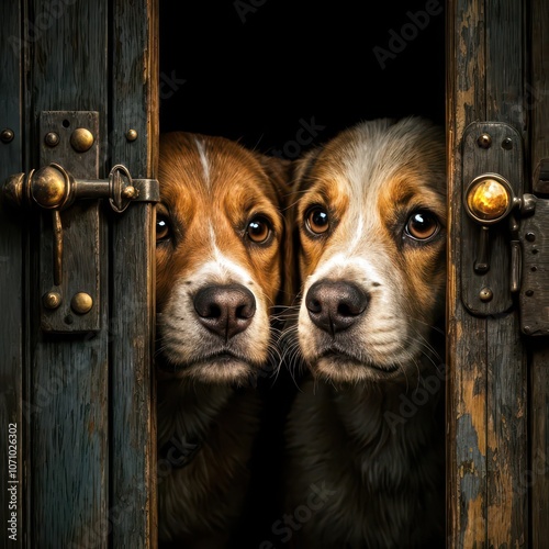 Two curious dogs peer through an opening between old wooden doors, their expressions suggesting anticipation or curiosity 