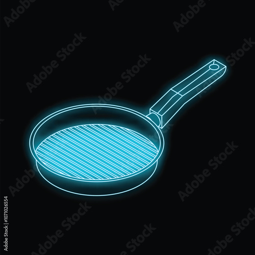 Bright blue neon grill pan glowing on a black background, symbolizing cooking and kitchen supplies